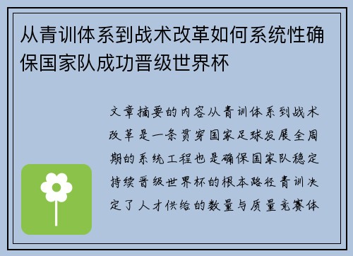 从青训体系到战术改革如何系统性确保国家队成功晋级世界杯